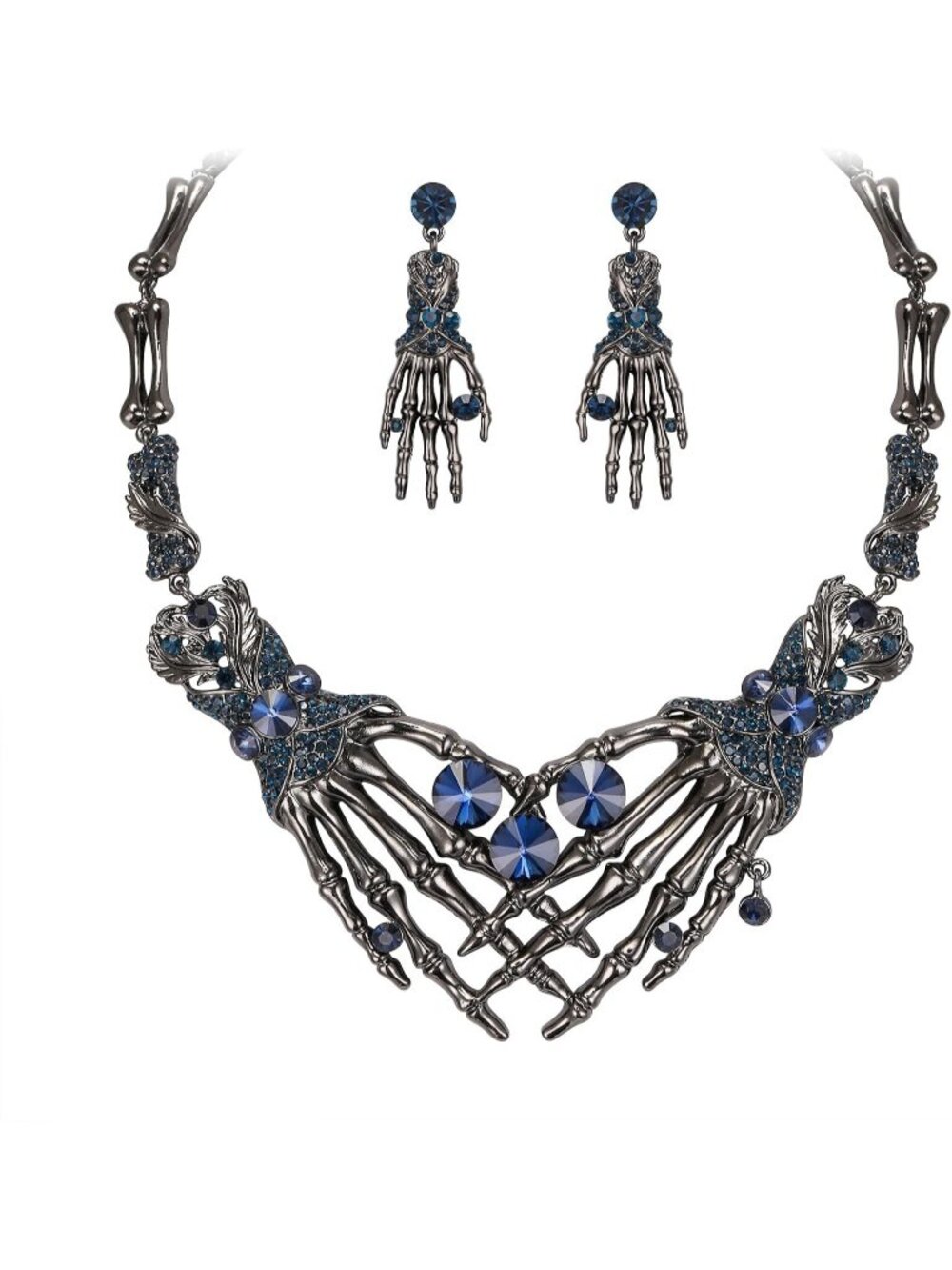Women's Blue Black Tone Halloween Skeleton Hand Skull Crystal Austrian Necklace